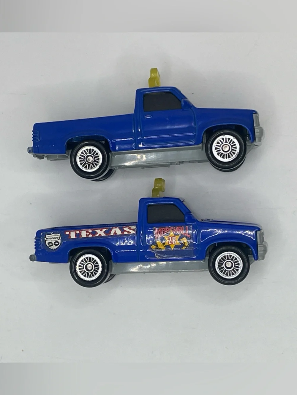 2 Matchbox McDonalds Texas Marshall Blue Dodge Dakota Pickup Trucks, Happy Meal